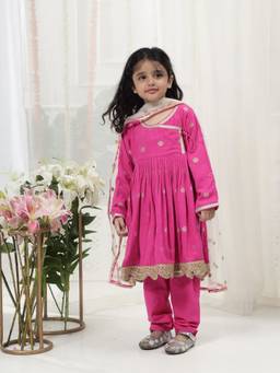 Little Bansi - Girls Zari Work Angrakha Kurta With Pant And Dupatta - Pink