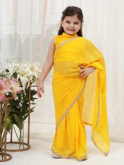 Little Bansi - Girls Zari Thread Work Saree With Stitched Blouse- Yellow