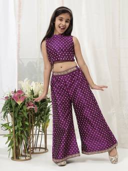 Little Bansi - Girls Embroidery Top With Palazzo- Purple