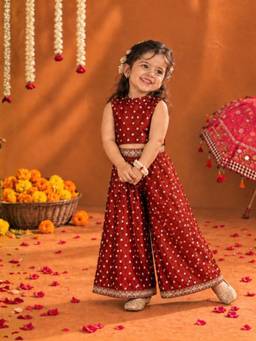 Little Bansi - Girls Embroidery Top With Palazzo- Maroon