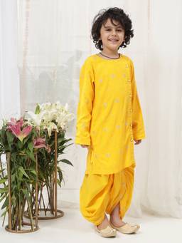 Little Bansi - Boys Zari Thread Work Kurta Dhoti - Yellow