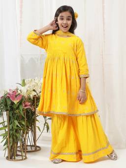 Little Bansi - Girls Zari Thread Work Kurta Sharara - Yellow