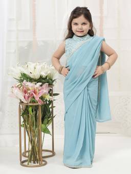 Little Bansi - Girls Sequin Work Georgette Saree With Stitched Blouse- Blue