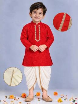 Little Bansi - Boys Heart Jacquard Kurta Dhoti - Red