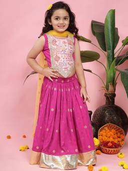 Little Bansi - Girls Zari Embroidery Blouse Lehenga Set - Rani