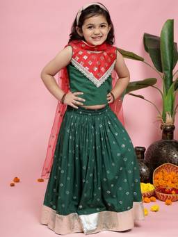 Little Bansi - Girls Bandhani Zari Blouse Lehenga Set - Green