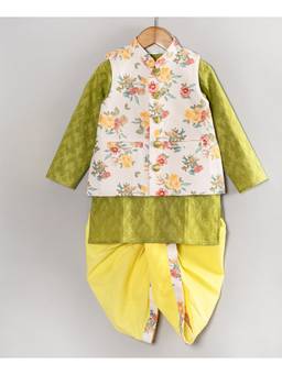 Little Bansi - Boys Floral Nehru Jacket Kurta Dhoti - Green