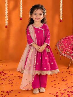 Little Bansi - Girls Zari Work Angrakha Kurta With Pant And Dupatta - Pink