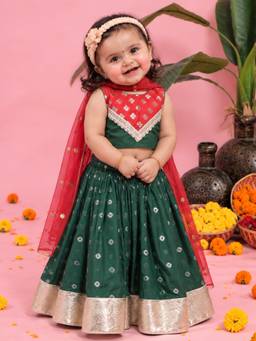 Little Bansi - Girls Bandhani Zari Blouse Lehenga Set - Green
