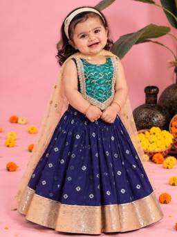 Little Bansi - Girls Floral Embroidery Bandhani Lehenga Set - Royal Blue