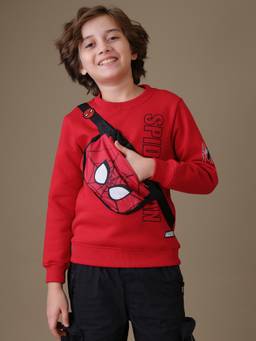 Kidsville - Official Marvel Spider-Man Text Printed Sweatshirt With Attached Waist Bag