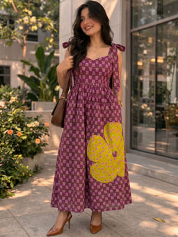 Doria Lifestyle - Purple Printed Pure Cotton Regular Dress