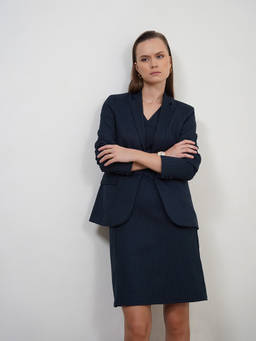 FABLE STREET - Navy Blue Stripes Polyester Blend Regular Dress and Blazer