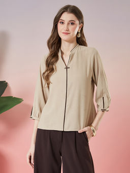 Latin Quarters - Beige Solid Polyester Regular Top