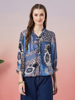 Latin Quarters - Blue Printed Polyester Regular Top