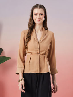 Latin Quarters - Beige Solid Polyester Regular Top