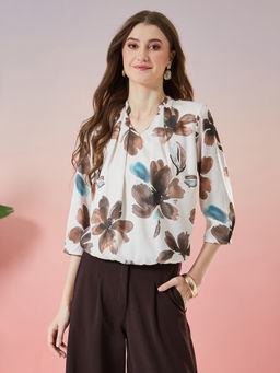 Latin Quarters - Off White Printed Polyester Regular Top