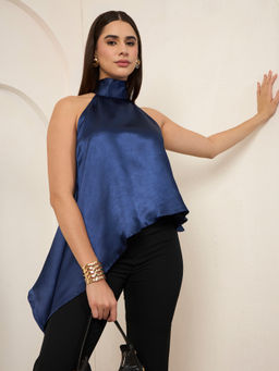 SALVIA SKY - Blue Solid Satin Asymmetrical Top
