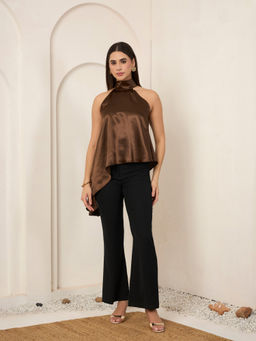 SALVIA SKY - Brown Solid Satin Asymmetrical Top