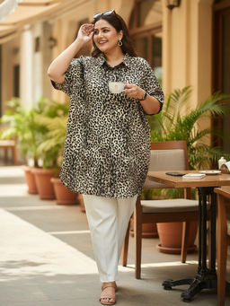 Oxolloxo - Brown Animal Print Rayon Relaxed Shirt