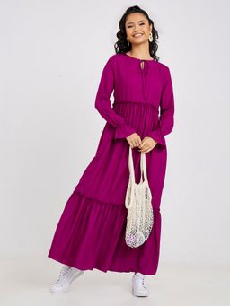 Styli - Purple Flute Long Sleeves Tie Neck Tiered Maxi Dress