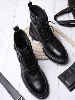 EZOK - Men Black Texture Pattern Lace Up Leather Boots