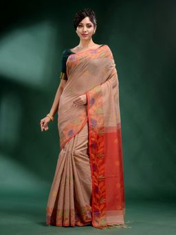 CHARUKRITI - Beige Tissue Handwoven Soft Saree with Unstitched Blouse