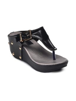 Bruno Manetti - Women Black Slip On Back Open Buckle Round Toe Wedges Heels