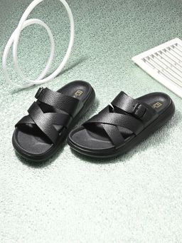 EGOSS - ASPEERIO Premium Comfortable Leather Slip On Black Sandals for Men