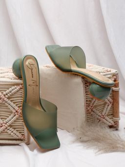 Bruno Manetti - Women Green Slip On Back Open Square Toe Comfort Sandal Heels