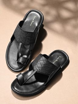 Louis Stitch - Black Kolhapuri Style Lightweight Toe Ring Leather Sandals