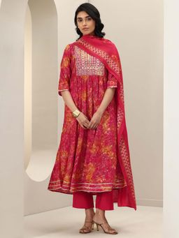 Libas - Orange Ethnic Motif Printed Anarkali Kurta with Trouser & Dupatta (Set of 3)