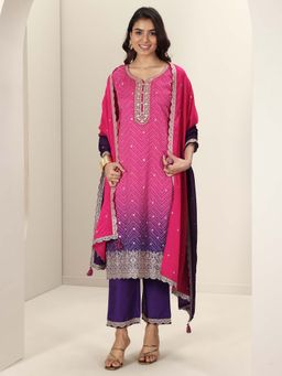 Libas - Pink Bandhani Printed Zari Lining Kurta & Trouser with Dupatta (Set of 3)