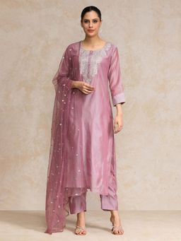 Varanga - Mauve Embroidered Straight Kurta with Tonal Pant and Sequin Dupatta (Set of 3)