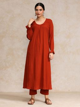 Varanga - Rust A Line Flared Puff Sleeve Solid Kurta with Pant (Set of 2)