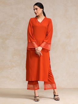 Varanga - Rust Solid V-Neck Flared Sleeves with Organza Hem Straight Kurta with Pant (Set of 2)