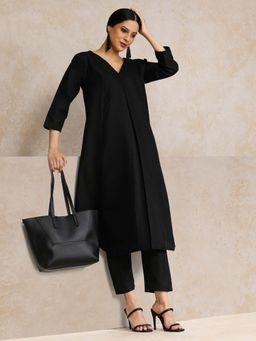 Varanga - Black Solid V-Neck Flared Kurta with Tonal Pant (Set of 2)