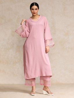 Varanga - Pink Solid V-Neck Flared Sleeves with Organza Hem Straight Kurta with Pant (Set of 2)