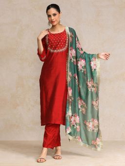Varanga - Maroon Floral Motif Zari Embroidered Kurta with Pant & Dupatta (Set of 3)