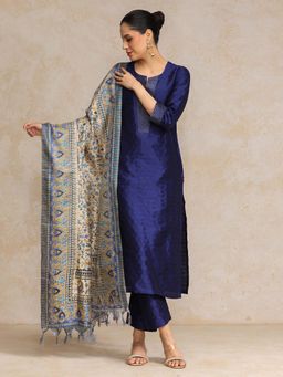 Varanga - Navy Blue Zari Embroidered Straight Kurta with Pant and Printed Dupatta (Set of 3)
