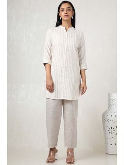 Soch - Women Off White Linen Striped Kurta with Pant (Set of 2)