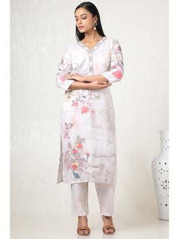 Soch - Women White Linen Floral Print Kurta with Pant (Set of 2)
