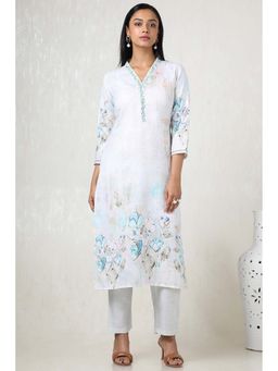 Soch - Women Powder Blue Linen Floral Print Kurta Set with Thread Work (Set of 2)