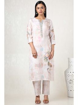 Soch - Women Beige Linen Floral Print Kurta with Pant (Set of 2)