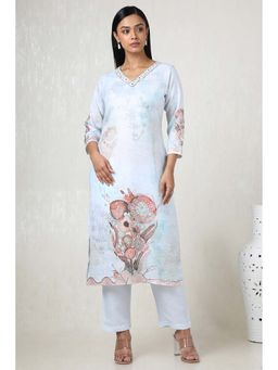 Soch - Women Powder Blue Linen Floral Print Kurta with Pant (Set of 2)