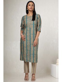 Soch - Womens Teal Muslin Botanical Print Kurta with Pant (Set of 2)