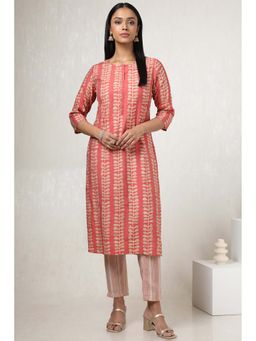 Soch - Womens Pink Muslin Botanical Print Kurta Set with Faux Mirror (Set of 2)