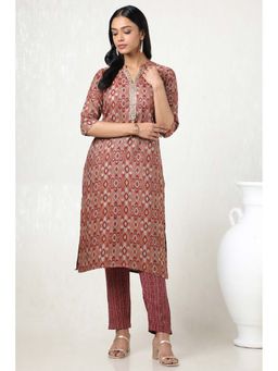 Soch - Women Rust Rayon Ikat Print Kurta with Pant (Set of 2)
