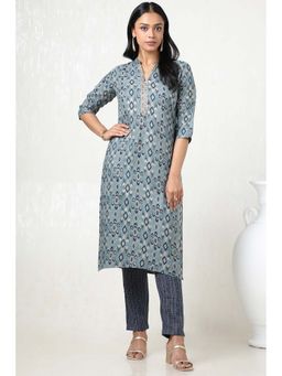 Soch - Women Blue Rayon Ikat Print Kurta with Pant (Set of 2)