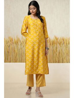 Soch - Womens Mustard Rayon Floral Print Kurta with Pant (Set of 2)